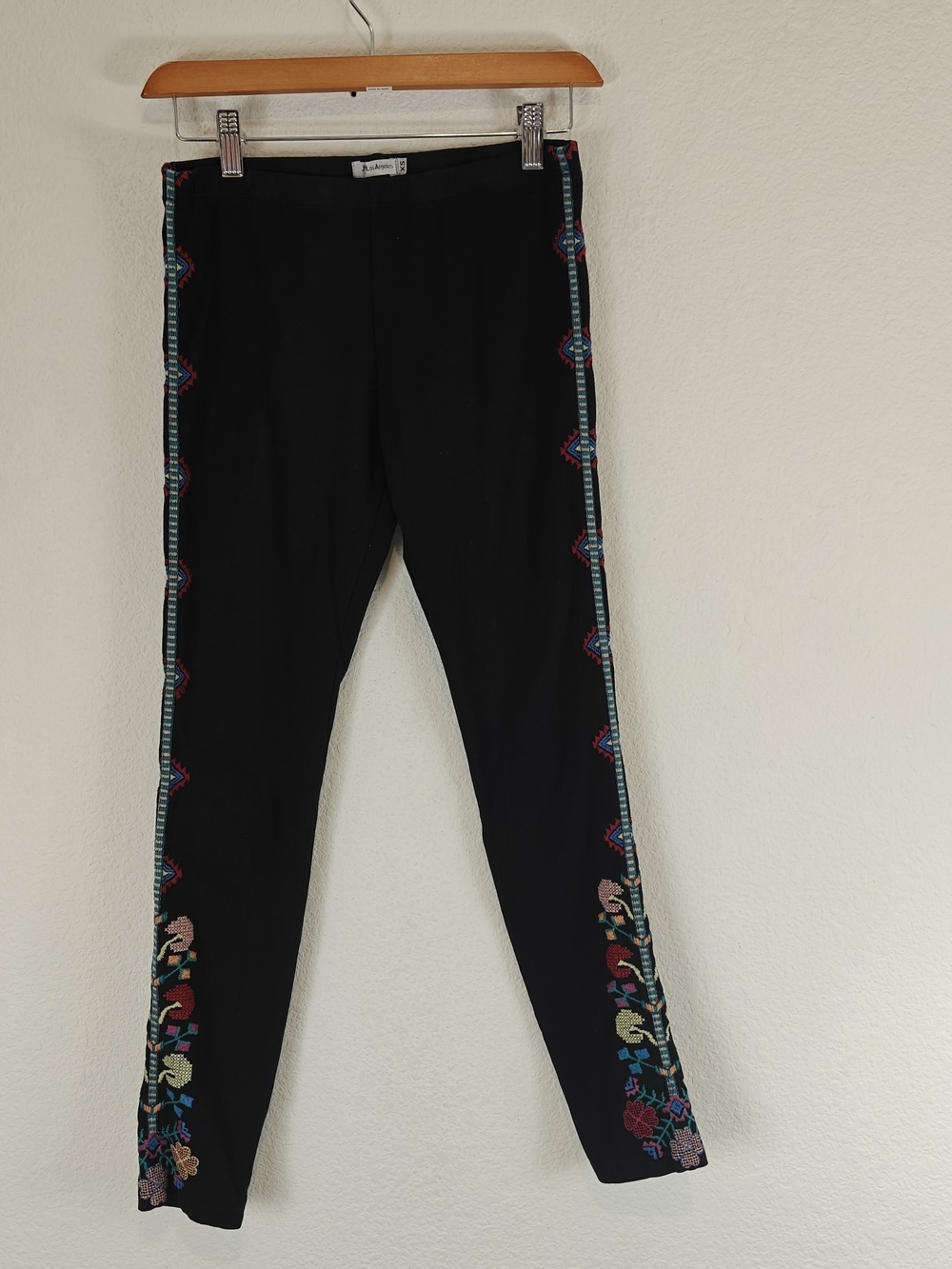 Johnny Was Embroidered Floral Side Stripe Black Leggings XS Boho Festival